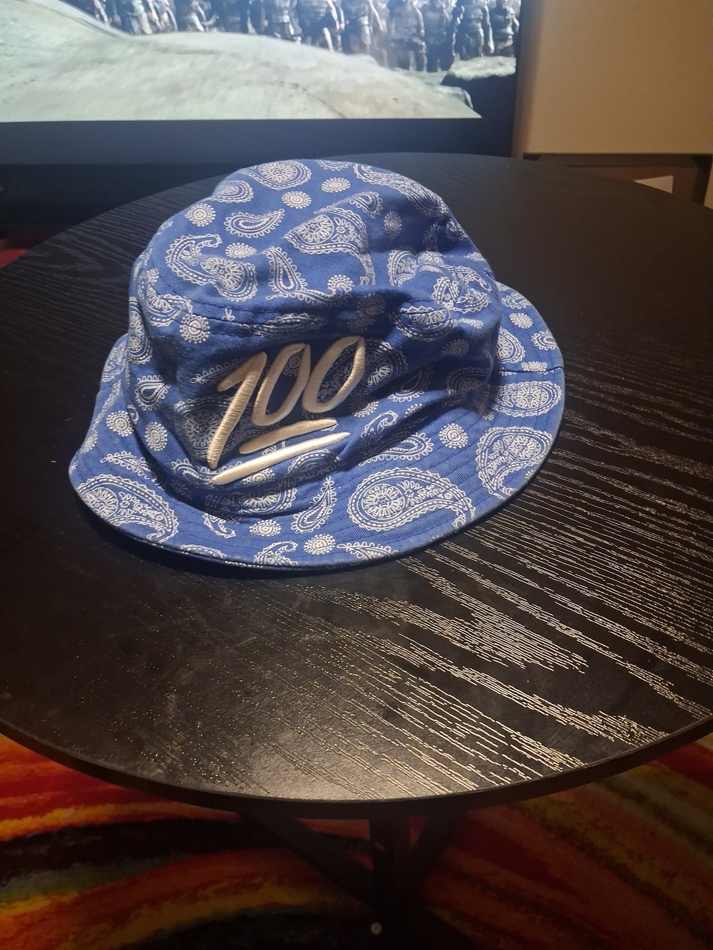 Premium Blue Paisley Bucket Hat with Silver '100' Accent One Size